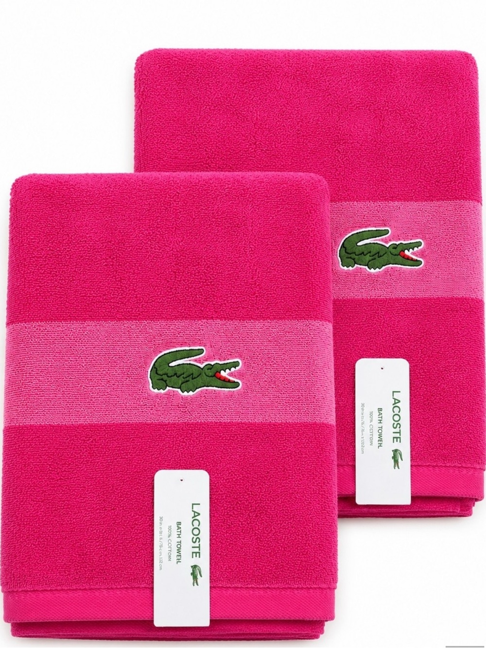 Lacoste 2 Pack Bath Towel Cotton Loops Colorblocked Magenta Pink 30x52” OEKO-TEX